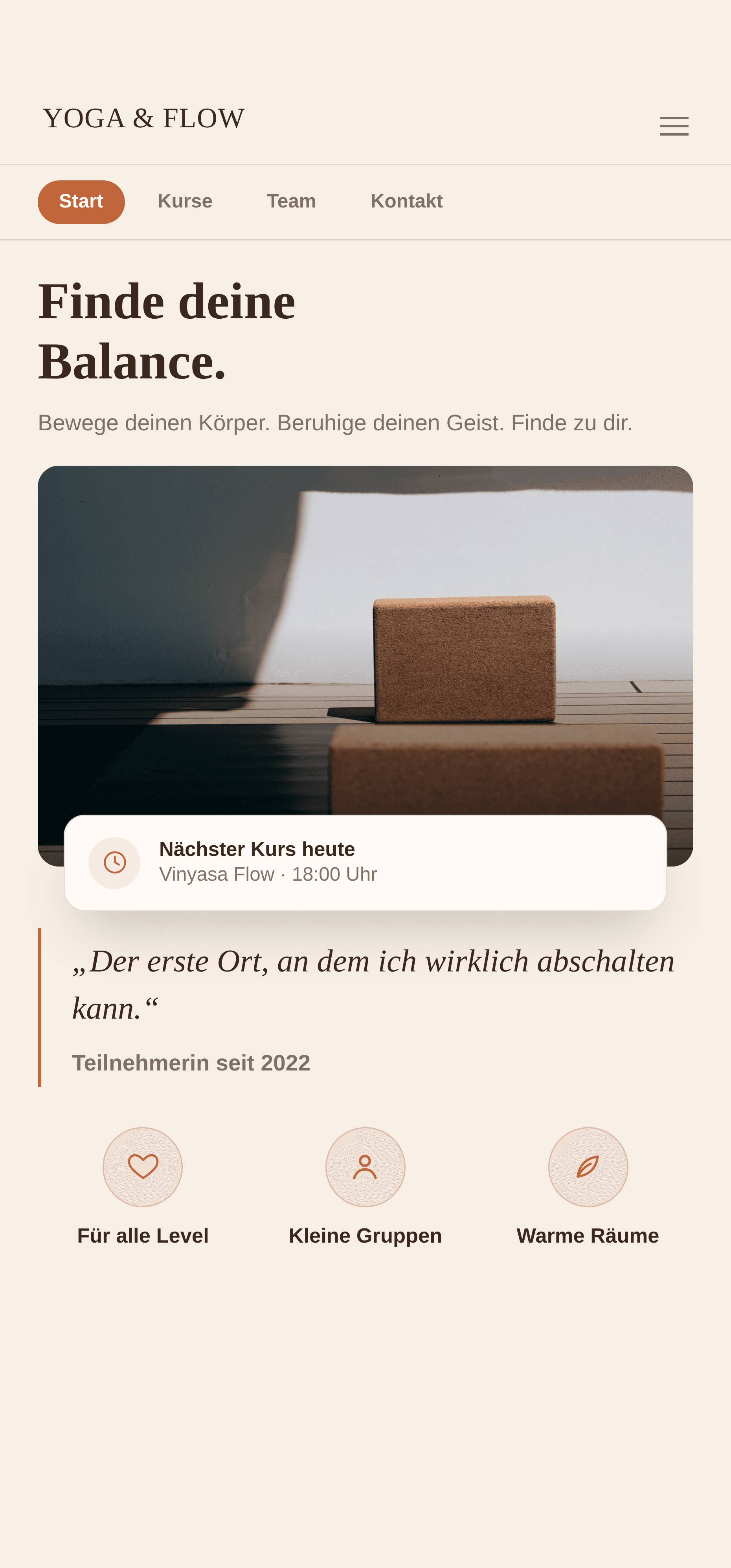 Konzeptprojekt Yoga & Flow, mobile Startseite