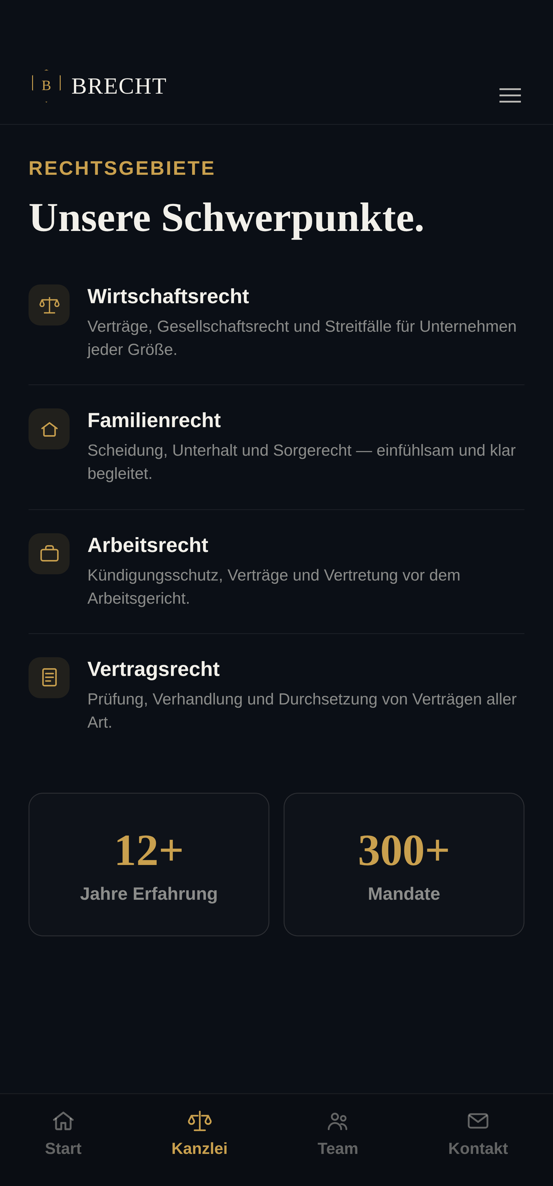 Unterseite Rechtsgebiete mit allen Praxisschwerpunkten
