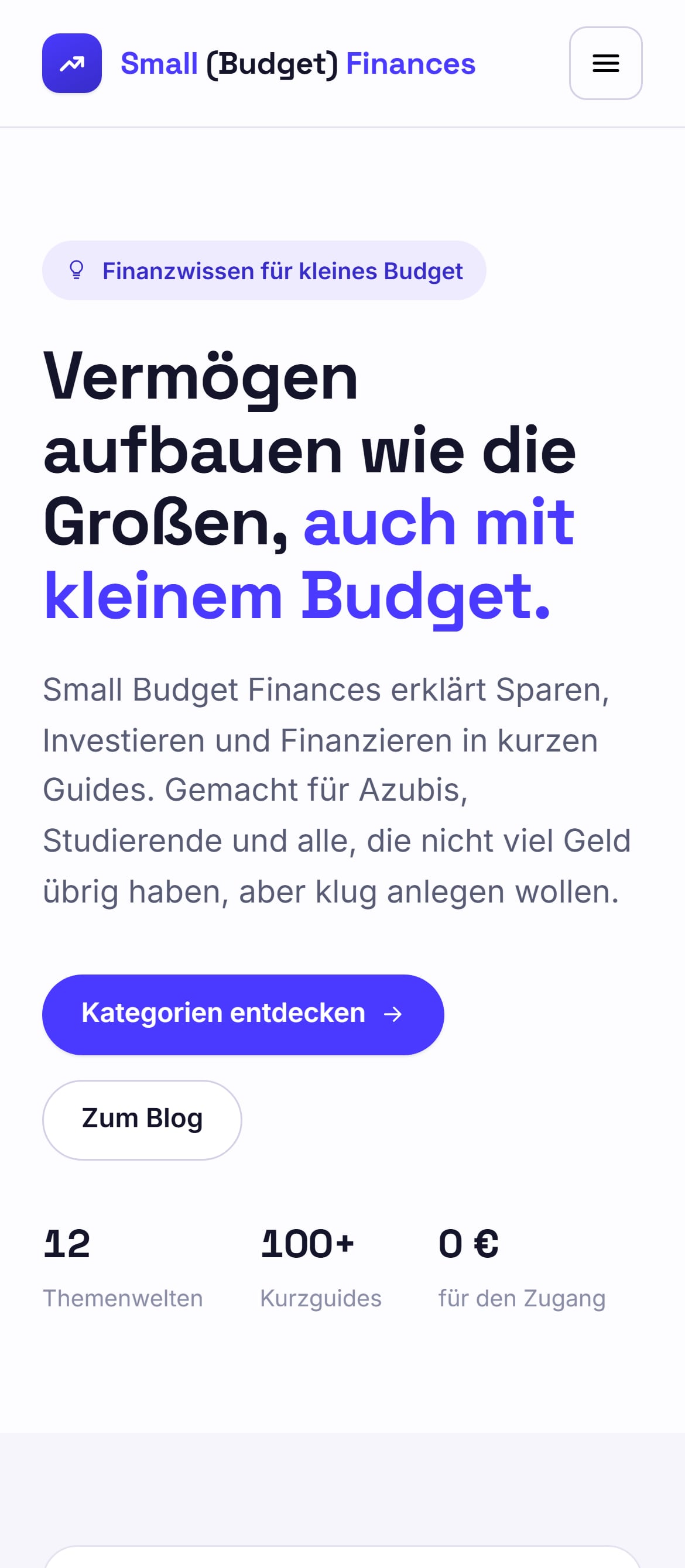Startseite von Small Budget Finances auf dem Handy