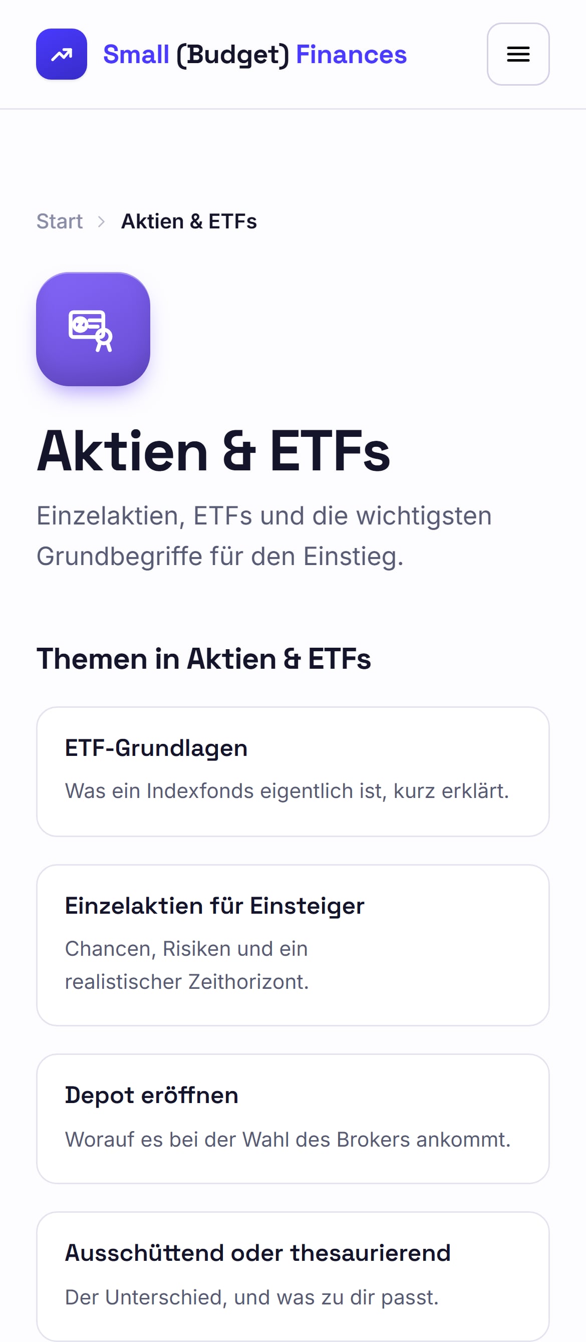 Themenwelt Aktien und ETFs mit einzelnen Guides