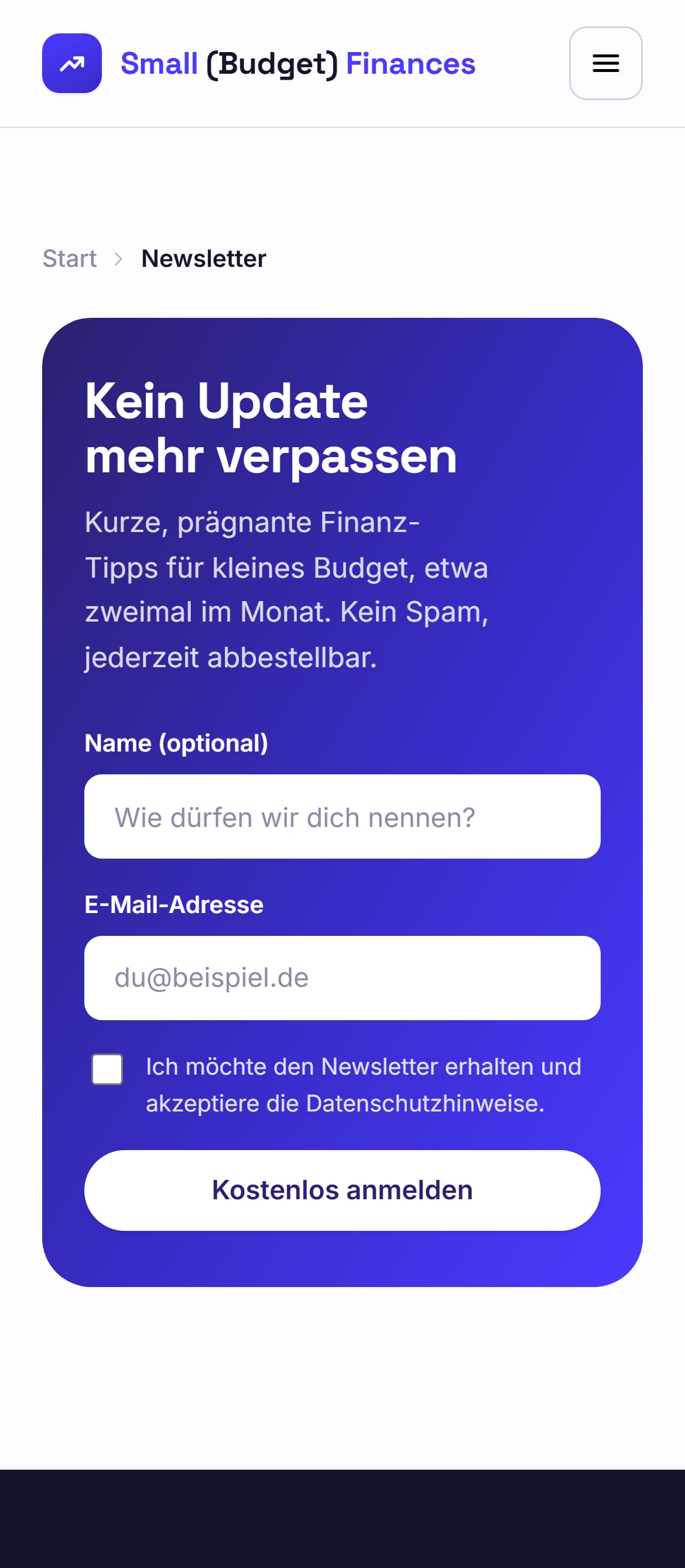 Newsletter-Anmeldung mit Name und E-Mail-Adresse